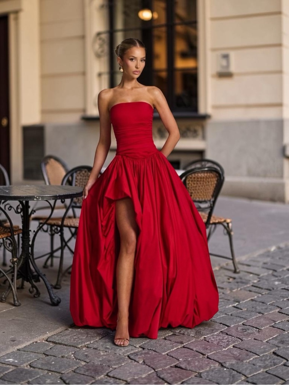 Elegant Strapless Red High-Slit Evening Gown